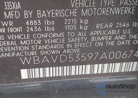 2007 BMW 335Xi из США, поврежденный, VIN WBAVD53597A006749